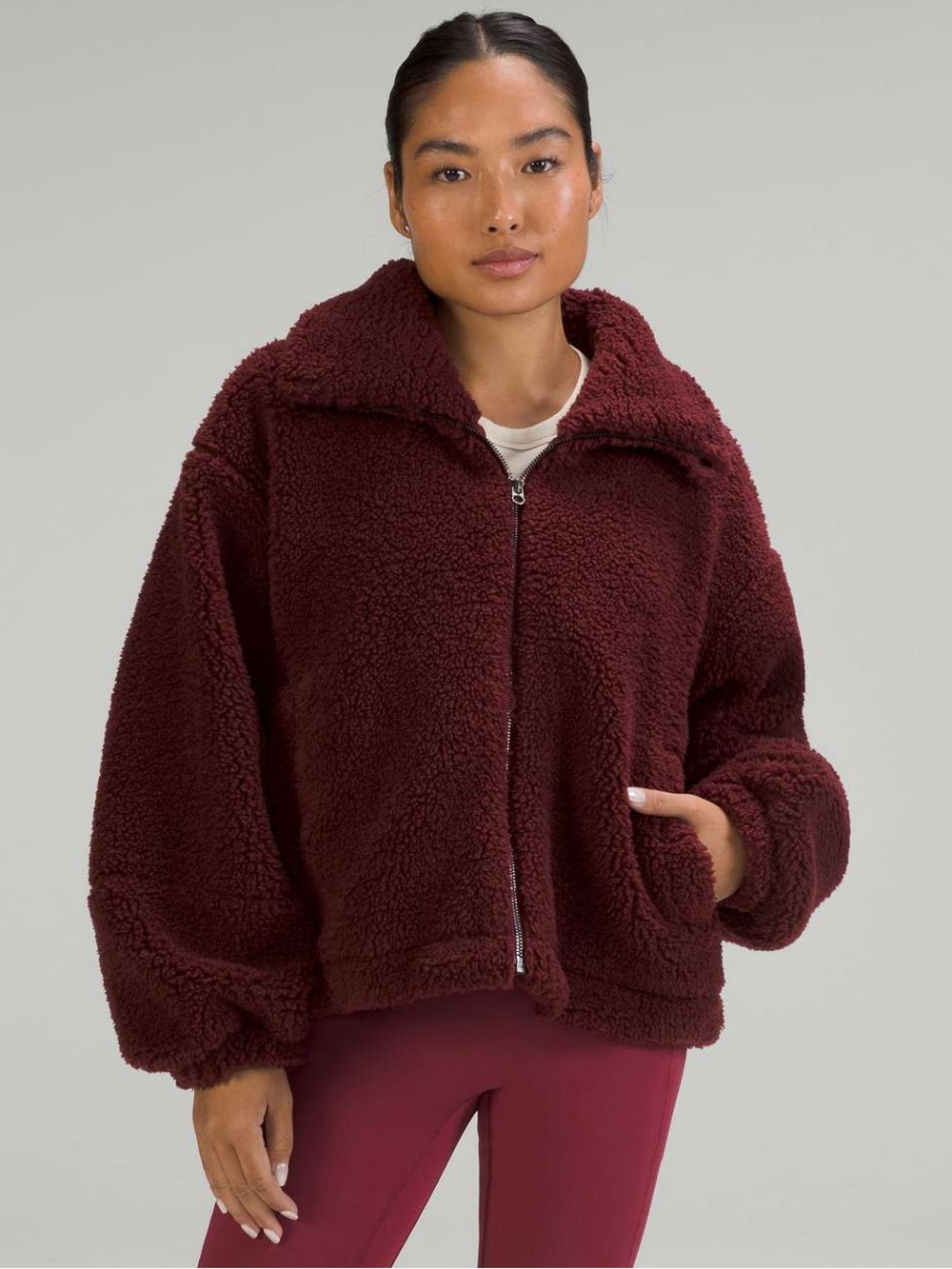 Lululemon Cinchable Fleece Teddy Zip Up Jacket Red Merlot 12